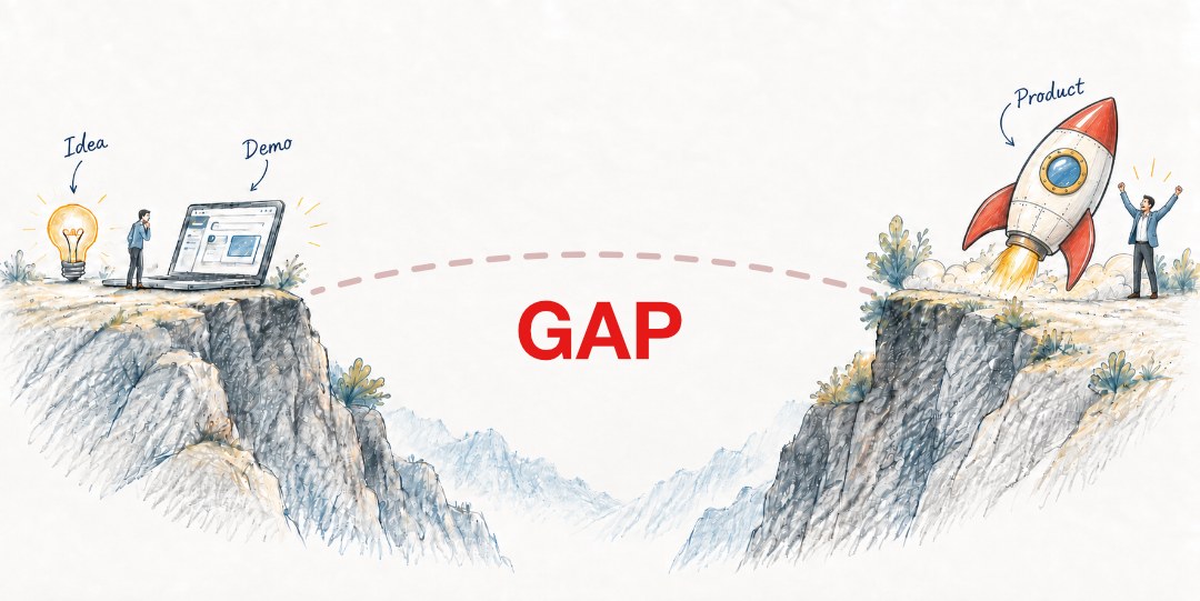 A sketched illustration of two cliffs. On the left, a person stands thinking beside a lightbulb labeled Idea and a laptop labeled Demo. On the right, a rocket labeled Product launches while a person cheers. Between them is a deep chasm marked GAP.